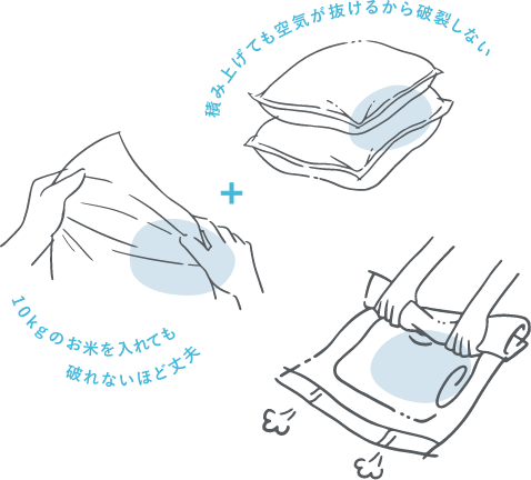 米袋は10kgのお米を入れても大丈夫+積み上げても空気が抜けるから破裂しない